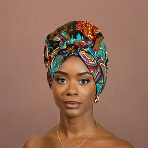 Easy headwrap - Satin lined hair bonnet - Turquoise Multicolor