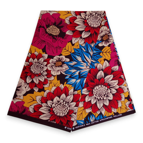 African print fabric - Red & Blue Flowers - 100% cotton