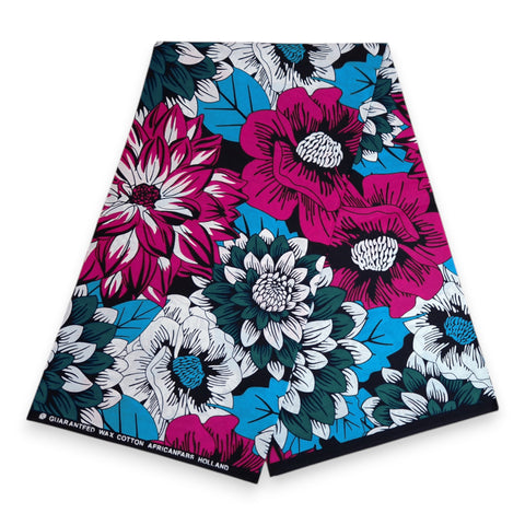 African print fabric - Pink & Teal Flowers - 100% cotton