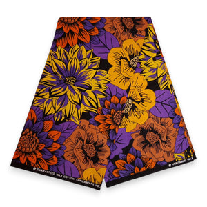 African print fabric - Yellow & Purple Flowers - 100% cotton