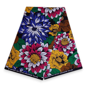 African print fabric - Blue & Fuchsia Flowers - 100% cotton