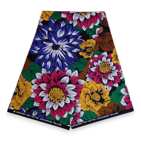 African print fabric - Blue & Fuchsia Flowers - 100% cotton