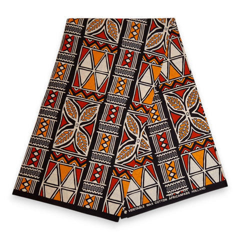 African print fabric - Red & Orange Bogolan Symbols - 100% cotton