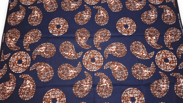 African Wax print fabric - Blue Brown Navy Paisley Sun - 100% cotton