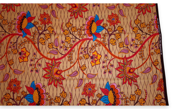 African print fabric - Beige & Orange Botanical Flow - 100% cotton
