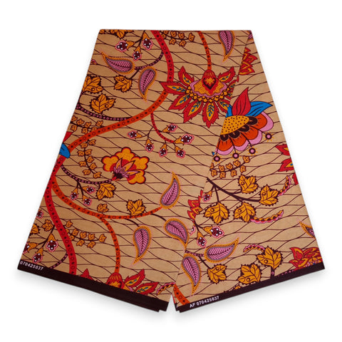 African print fabric - Beige & Orange Botanical Flow - 100% cotton