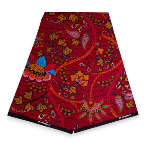 African print fabric - Dark Red & Yellow Botanical Flow - 100% cotton