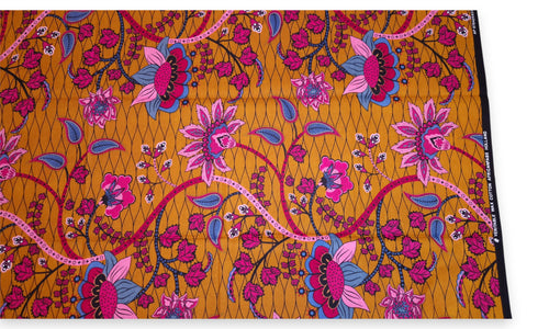 African print fabric - Mustard & Pink Botanical Flow - 100% cotton