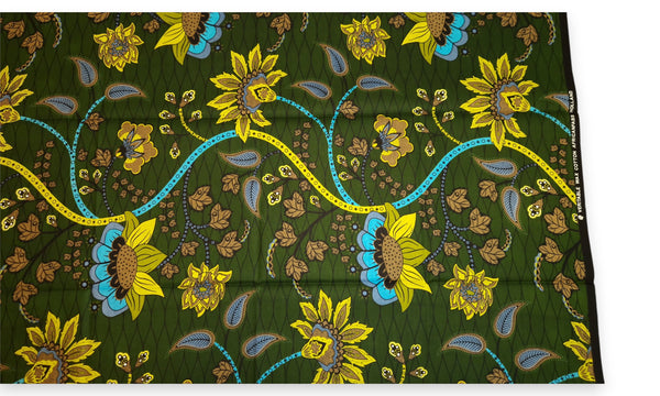 African print fabric - Dark Green & Yellow Botanical Flow - 100% cotton