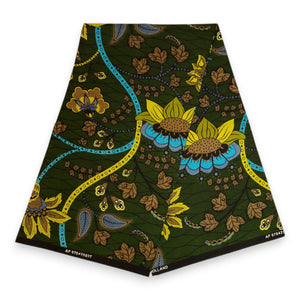 African print fabric - Dark Green & Yellow Botanical Flow - 100% cotton