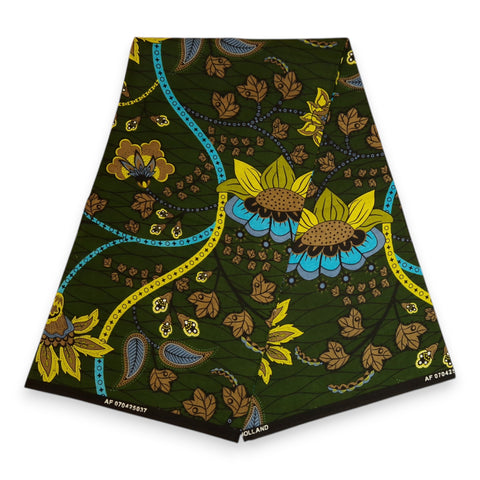 African print fabric - Dark Green & Yellow Botanical Flow - 100% cotton