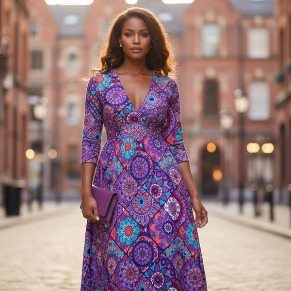 African print fabric - Purple & Light Blue Mandala Patchwork - 100% cotton