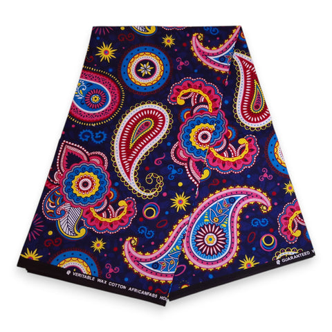 African print fabric - Blue Pink Paisley - 100% cotton