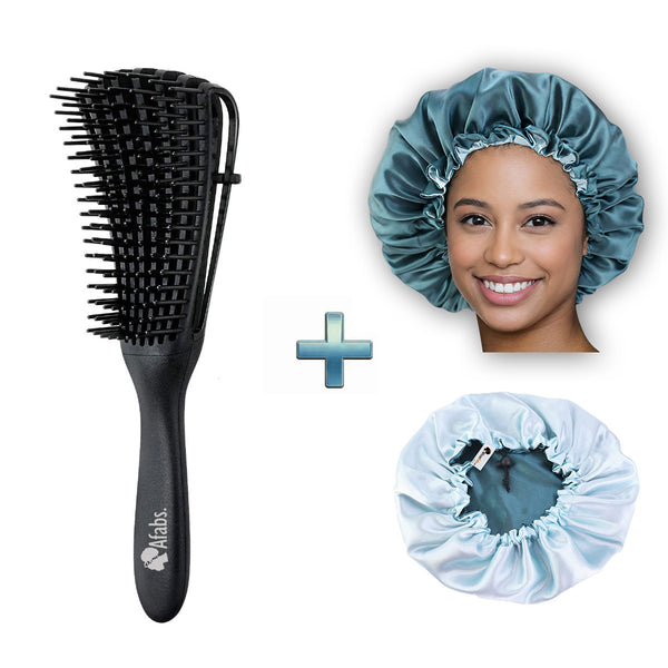 Black Detangler brush + Green Satin Hair Bonnet | Comb for curls | Afro hair brush