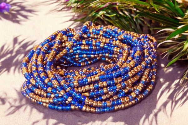 Waist Beads / African Hip Chain - Keke - Blue / gold mix (Traditional non-elastic string)