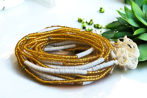 Waist Beads / African Hip Chain - Osi - White / gold (Traditional non-elastic string)