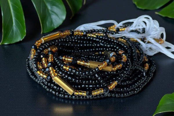 Waist Beads / African Hip Chain - Afi - Black / gold (Traditional non-elastic string)