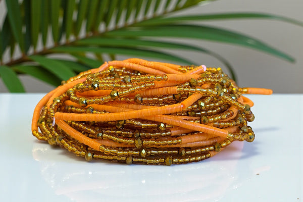 Waist Beads / African Hip Chain - Juma - Orange / gold (Traditional non-elastic string)