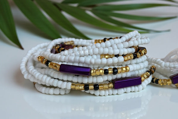 Waist Beads / African Hip Chain - Gheghe- White / purple (Traditional non-elastic string)