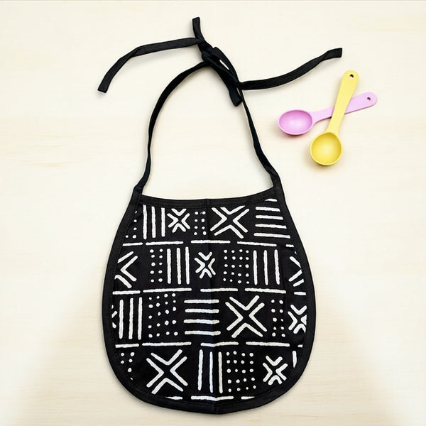 African Print Baby Bib - Black White X Bogolan (Unisex)
