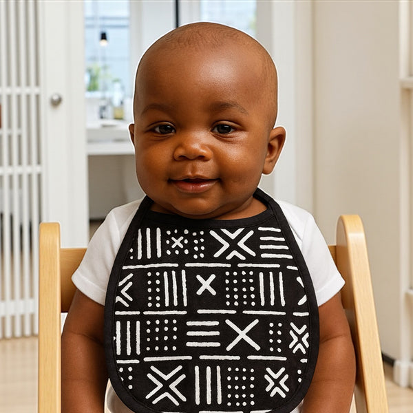 African Print Baby Bib - Black White X Bogolan (Unisex)