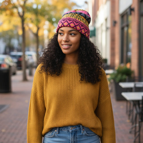 African Print Beanie / Winter hat  - Pink Tribal Symbols