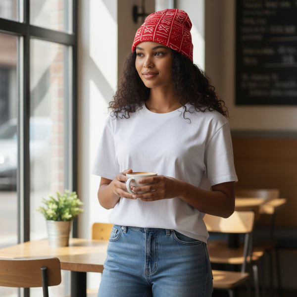 African Print Beanie / Winter hat  - Red White Bogolan