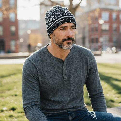 African Print Beanie / Winter hat  - Black White Bogolan