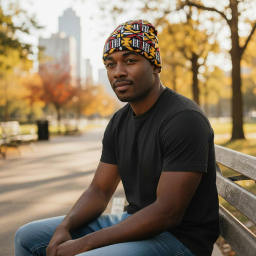 African Print Beanie / Winter hat  - Brown Cross Bogolan