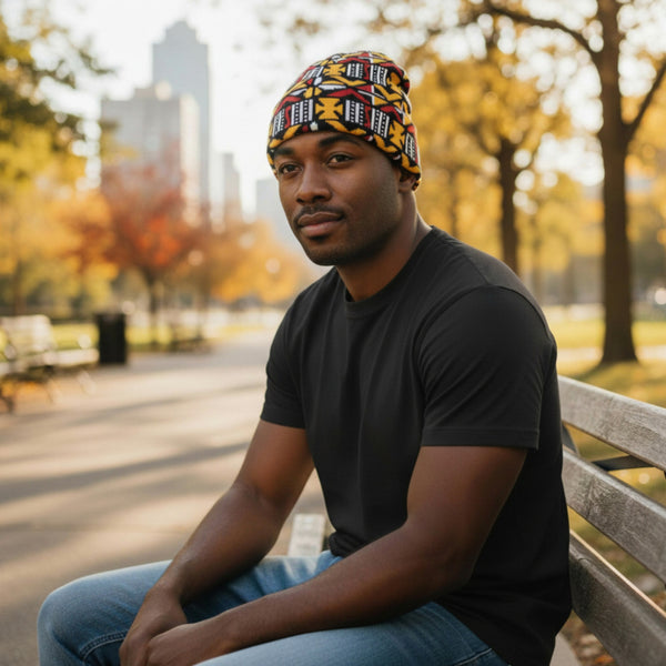 African Print Beanie / Winter hat  - Brown Cross Bogolan