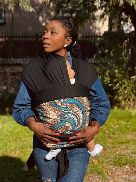 African Print Baby Carrier / Baby sling / baby wrap - Beige Blue Feather