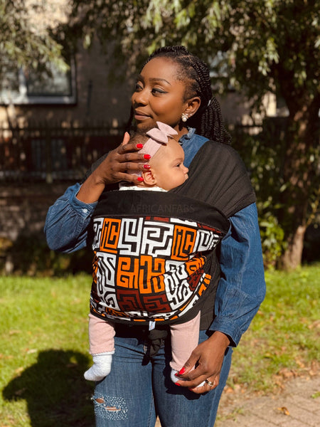 African Print Baby Carrier / Baby sling / baby wrap - Maroon Red & Yellow-Orange Kuba Blocks Congo