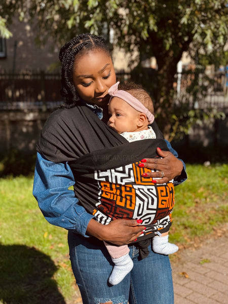 African Print Baby Carrier / Baby sling / baby wrap - Maroon Red & Yellow-Orange Kuba Blocks Congo