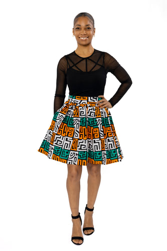 African print mini skirt - Teal Yellow Kuba Blocks Congo