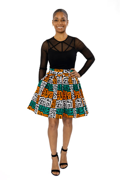 African print mini skirt - Teal Yellow Kuba Blocks Congo