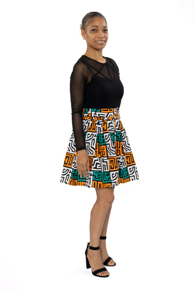 African print mini skirt - Teal Yellow Kuba Blocks Congo