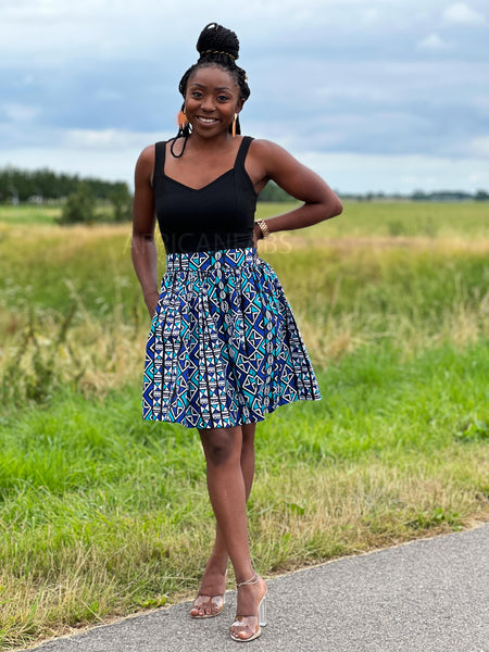 African print mini skirt - Blue / Turquoise Bogolan / Mud cloth