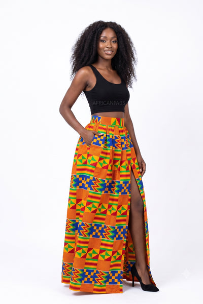 African print maxi skirt - Adjustable slit - Blue Orange Kente