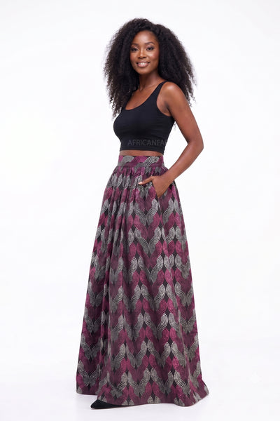 African print maxi skirt - Adjustable slit - Purple White Dots