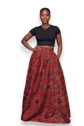 African print maxi skirt - Adjustable slit - Red Sunburst