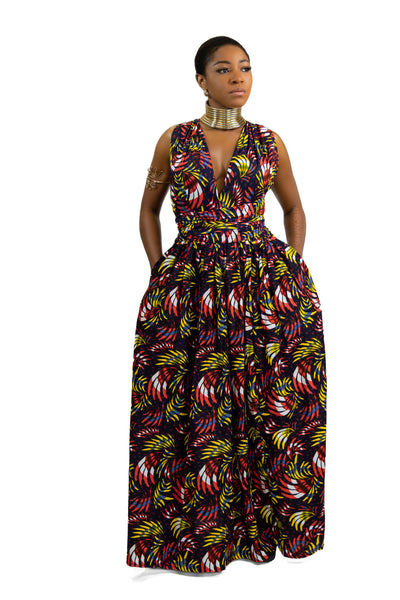 African Print Red Feathers Infinity Multiway Maxi Dress