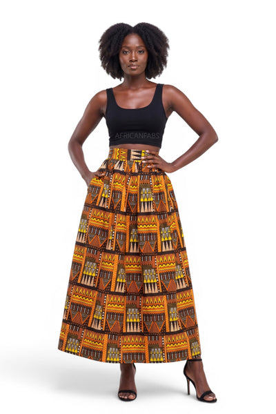 African print maxi skirt - Adjustable slit - Orange Brown Tribal Blocks