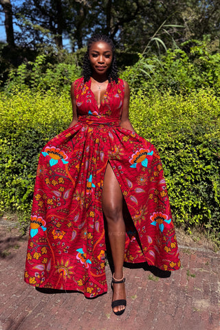 African Print Infinity Multiway Maxi Dress - Dark Red & Yellow Botanical Flow