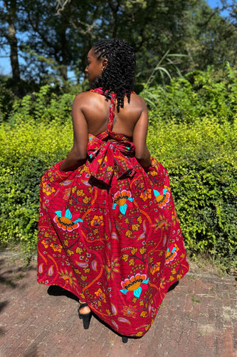 African Print Infinity Multiway Maxi Dress - Dark Red & Yellow Botanical Flow
