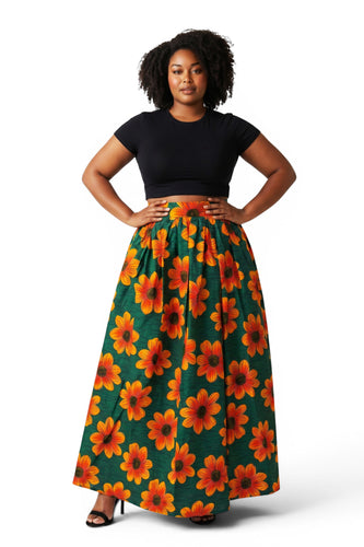 African print maxi skirt - Adjustable slit - Green Orange Sunflower