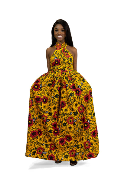 African Print Yellow Flowers Infinity Multiway Maxi Dress