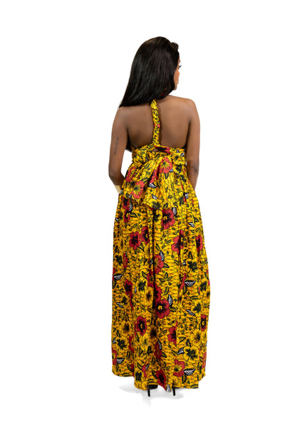 African Print Yellow Flowers Infinity Multiway Maxi Dress