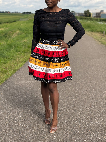 African print mini skirt - Red Bogolan Symbols