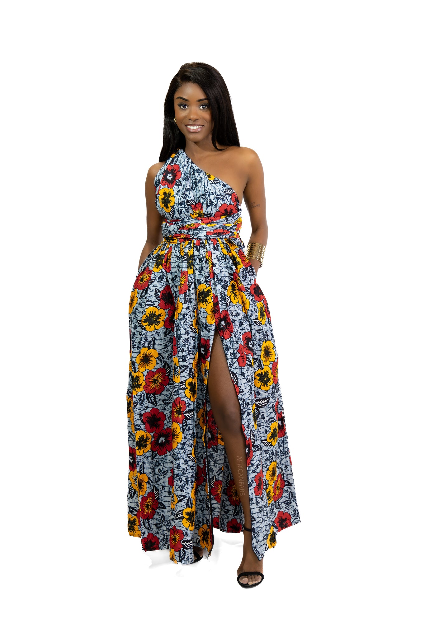 African Print Light Grey Flowers Infinity Multiway Maxi Dress