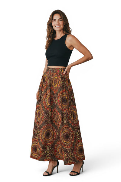 African print maxi skirt - Adjustable slit - Brown Sunburst